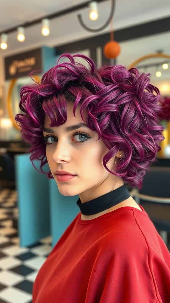 A woman with short, defined curls and vibrant purple hair, showcasing a modern textured perm.