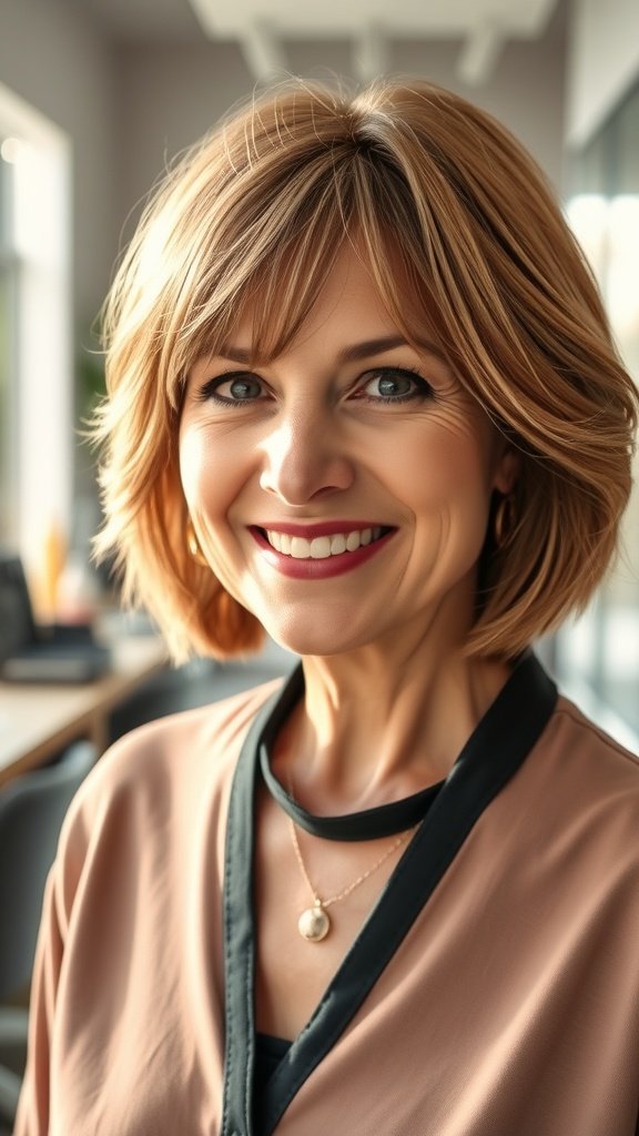 A woman with a shoulder-length layered haircut and fringe, smiling confidently.