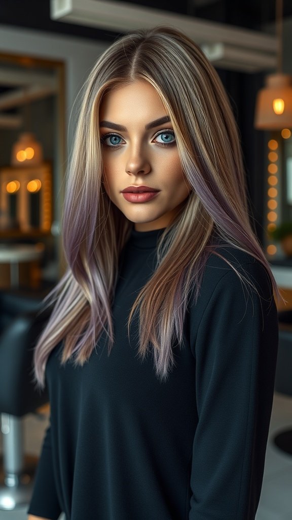 A woman with sleek blonde hair featuring deep purple lowlights, looking stylish in a salon setting.
