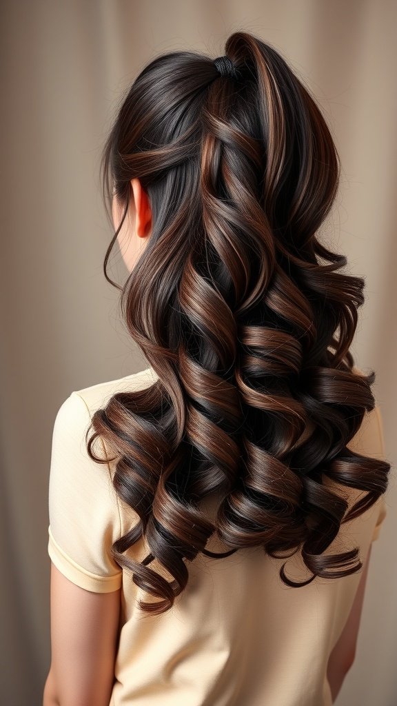 A sleek chocolate ponytail with voluminous curls, showcasing a rich brown color.