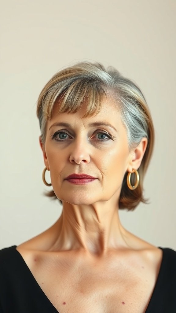 A woman over 60 with a slicked-back hairstyle and short fringe, showcasing a modern and sophisticated look.