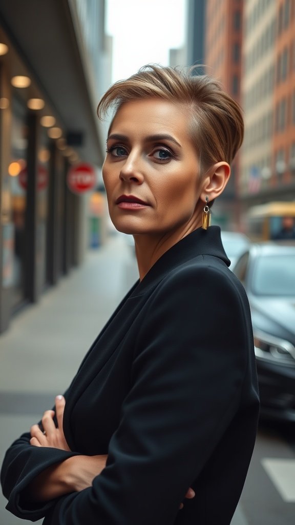 A woman with a slicked back short hairstyle, wearing a black blazer, standing confidently on a city street.