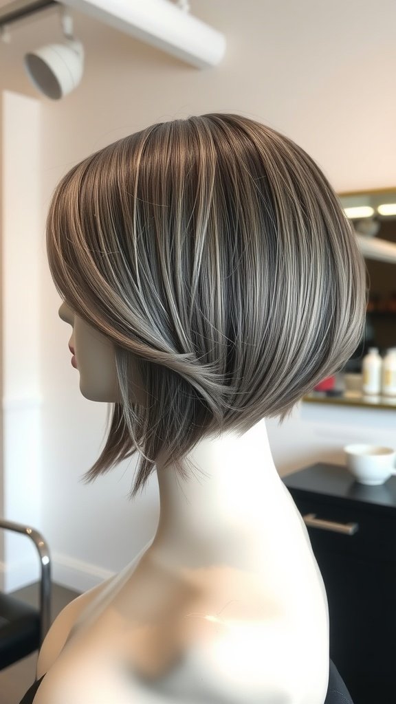 A stylish smokey gray layered bob hairstyle showcased on a mannequin.