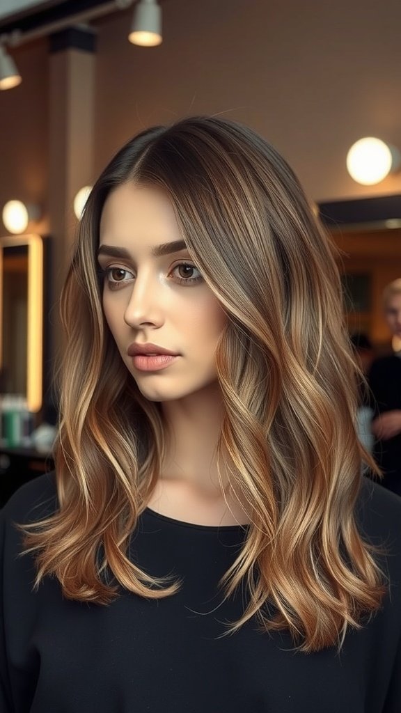 A woman with light brown hair featuring smoky quartz highlights, styled in loose waves.