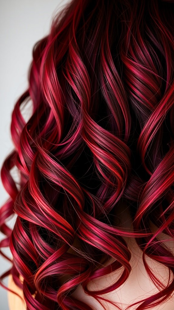 Close-up of dark red hair styled in waves with vibrant highlights.