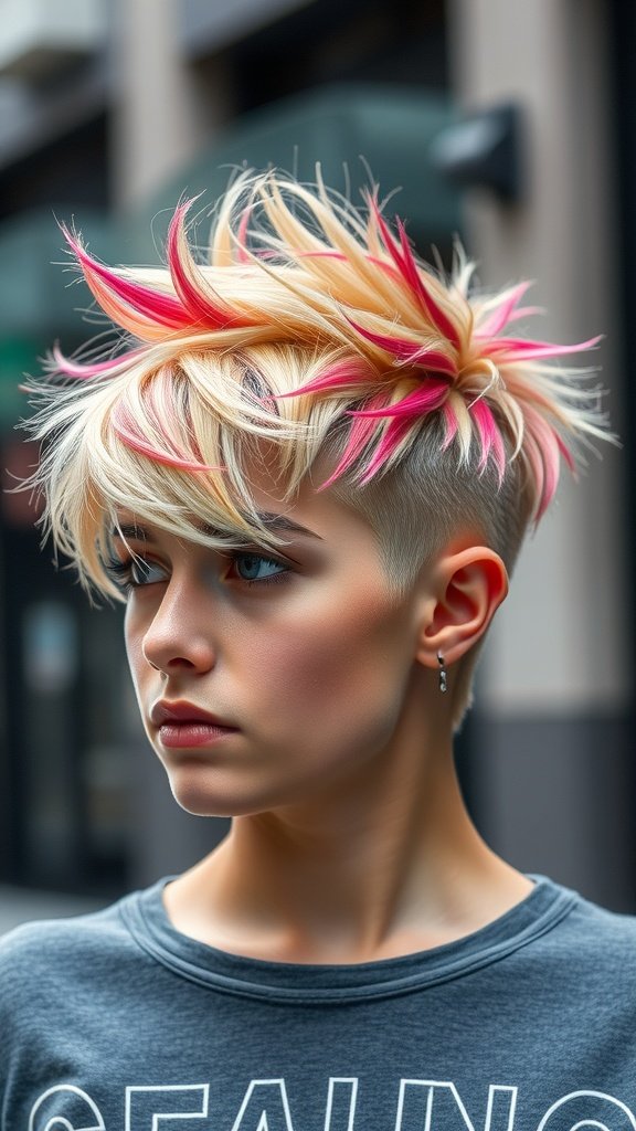 A young person with a spiky pixie hairstyle featuring bleached tips, showcasing a bold and edgy look.