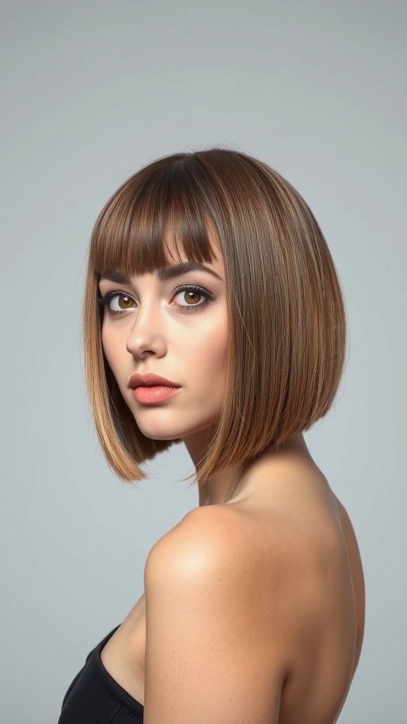 A woman with a straight A-line bob hairstyle, featuring no bangs, showcasing a sleek and modern look.
