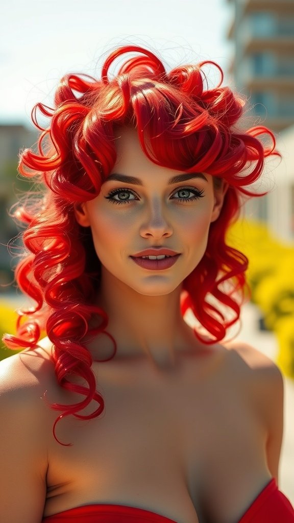 A model with striking candy apple red curly hair, showcasing a bold and vibrant hairstyle.