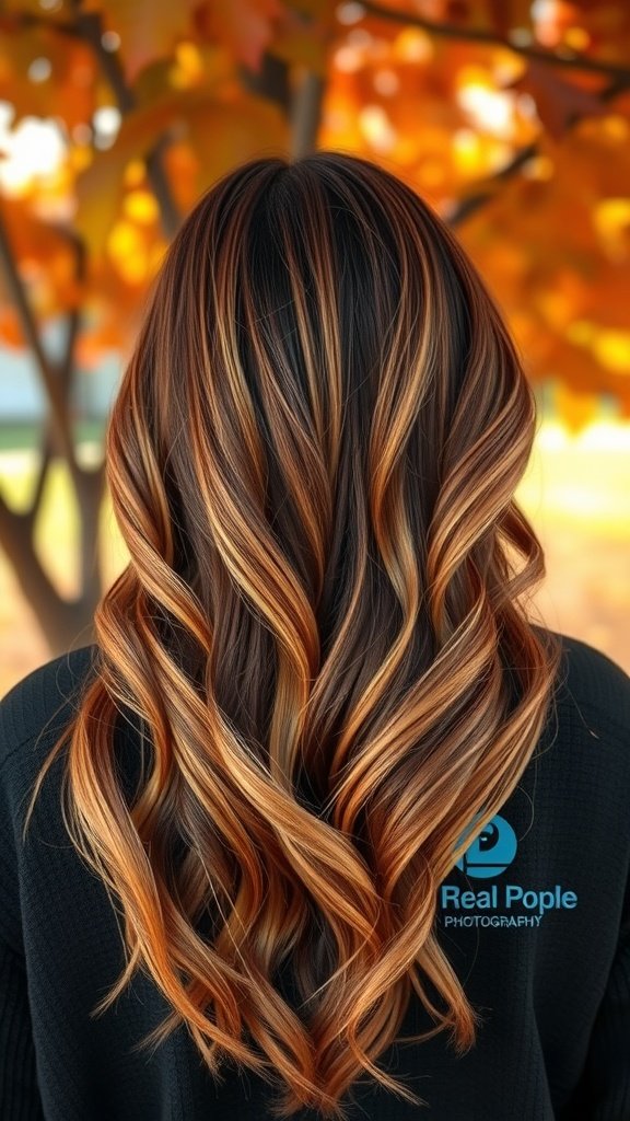 A beautiful balayage hairstyle featuring dark roots and warm sienna and golden highlights, styled in soft waves.