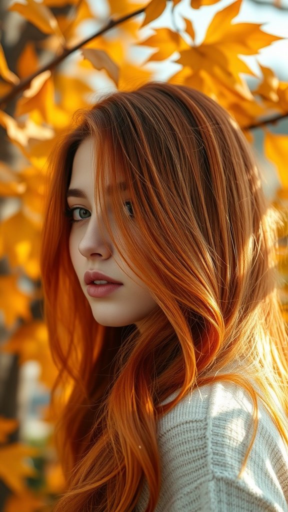 A model with long hair featuring sweet potato accents, surrounded by autumn leaves.