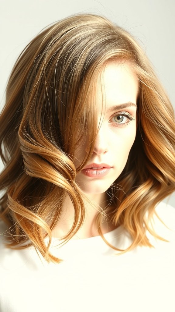 A woman with medium-length hair styled in swoopy flipped layers, showcasing volume and movement.