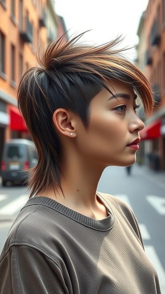 A person with a tapered sides shullet hairstyle, showcasing a modern mullet with shorter sides and longer back.