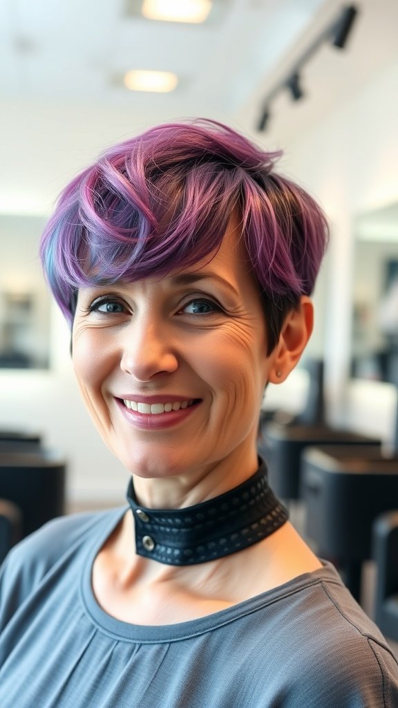 A woman with a tapered undercut pixie hairstyle in vibrant purple, smiling confidently.