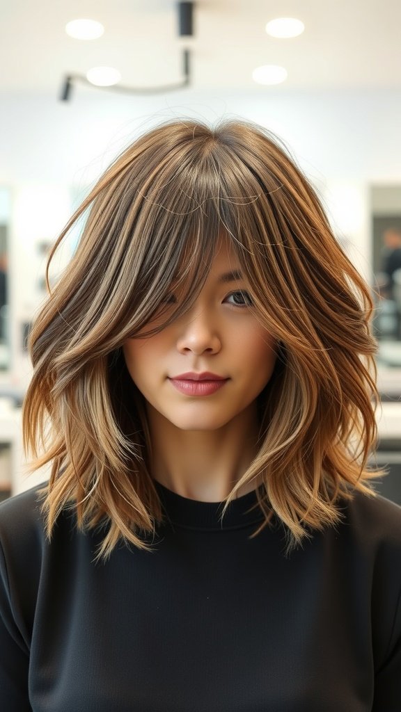 A woman with a textured lob hairstyle featuring side bangs, showcasing volume and movement.
