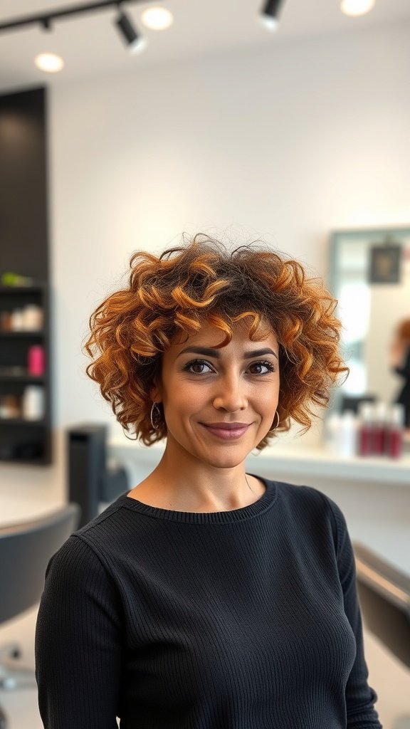 A woman with short curly hair styled in a Deva Cut with a soft fringe, smiling in a salon.