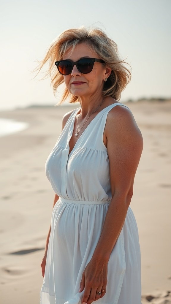 A woman with tousled beach waves, wearing sunglasses and a white dress, standing on the beach.