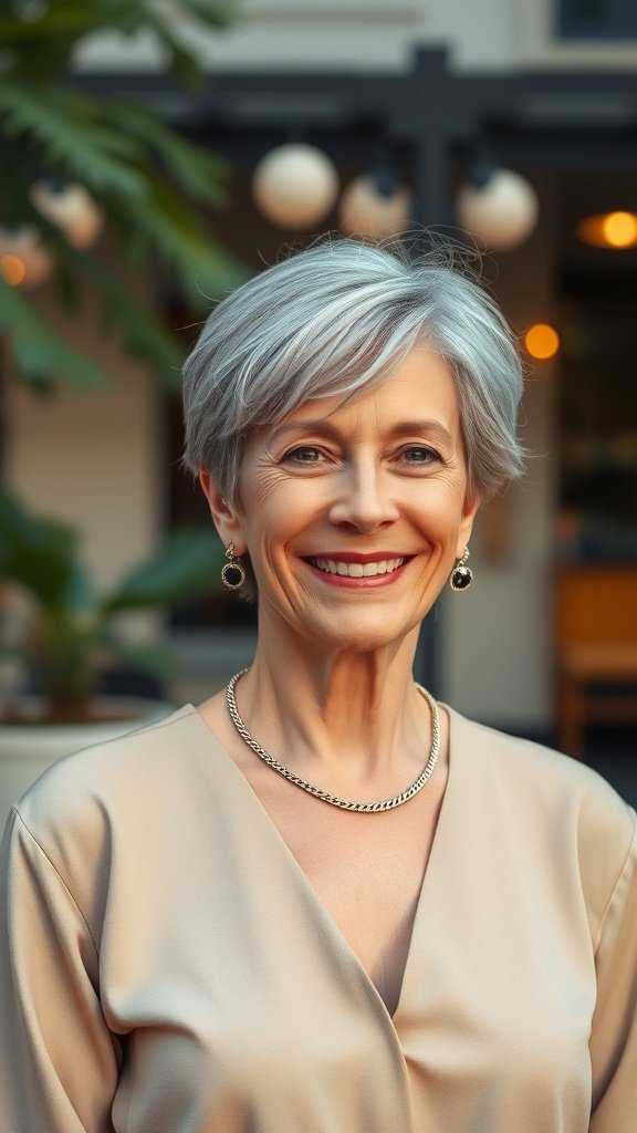 A woman with a tousled pixie haircut and side bangs, smiling in a stylish outfit.