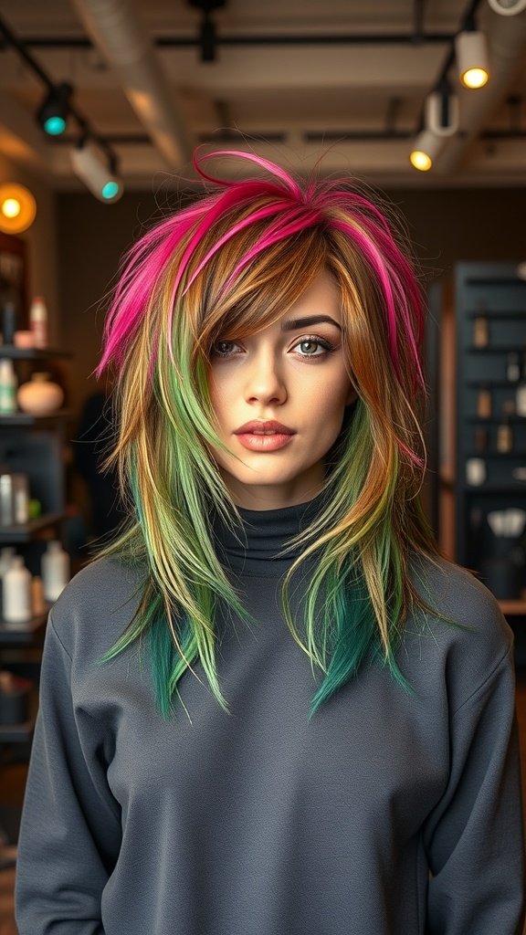 A woman with vibrant hair featuring an olive green underlayer, styled with pink and blonde highlights.