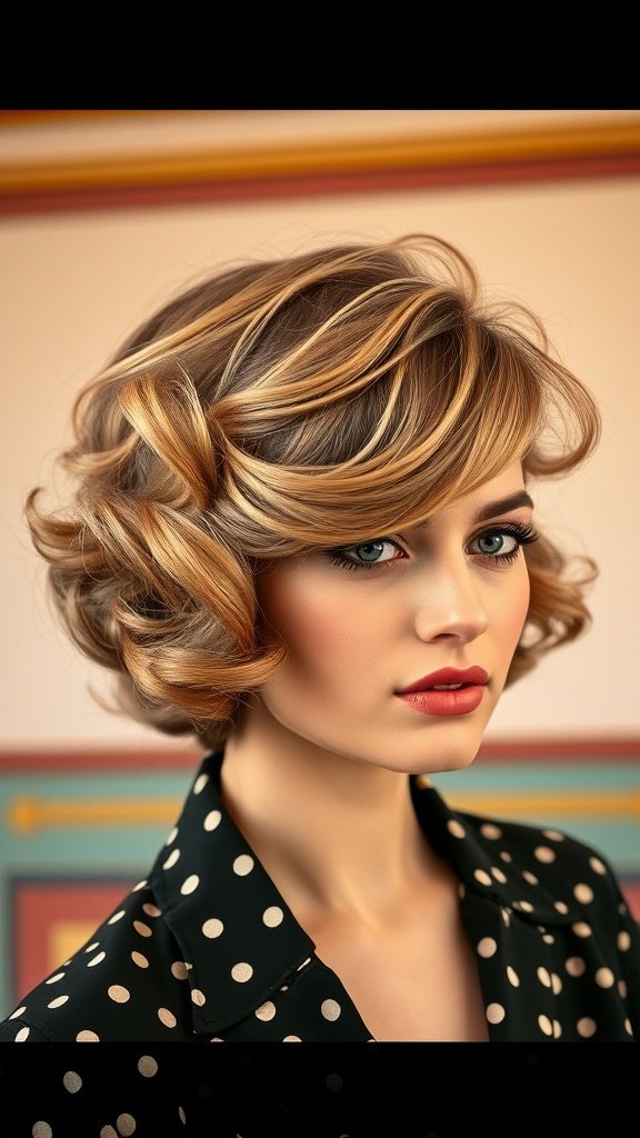 A woman with a vintage curled pixie haircut, showcasing soft curls and a stylish outfit.