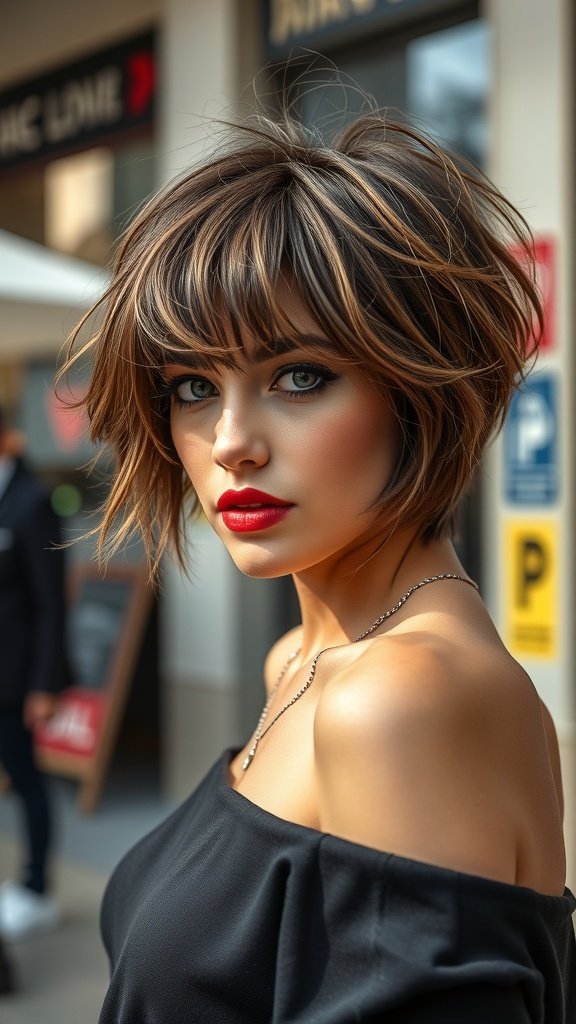 A woman with a voluminous hush cut and micro bangs, showcasing a stylish look.