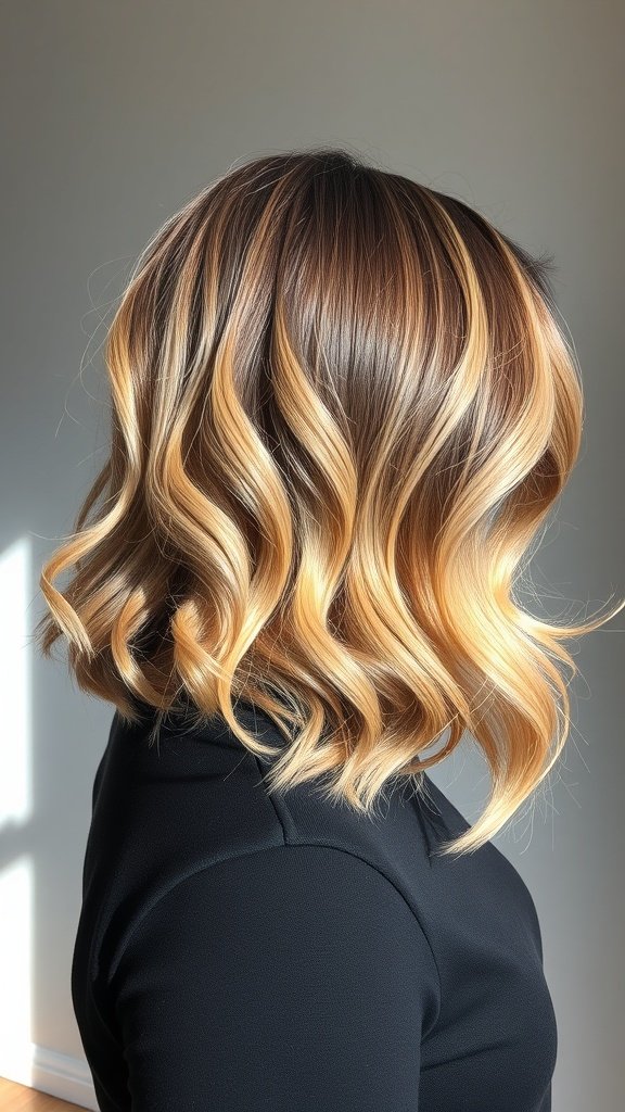 A stylish wavy bob hairstyle with a deep side part, showcasing soft waves and a beautiful shine.