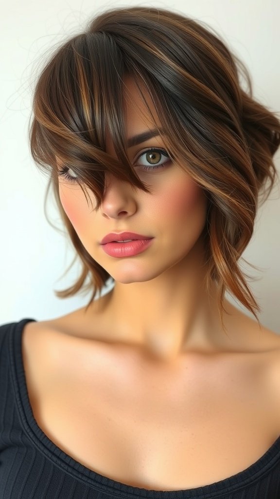 A woman with a wavy bob hairstyle and side bangs, showcasing a soft and feminine look.