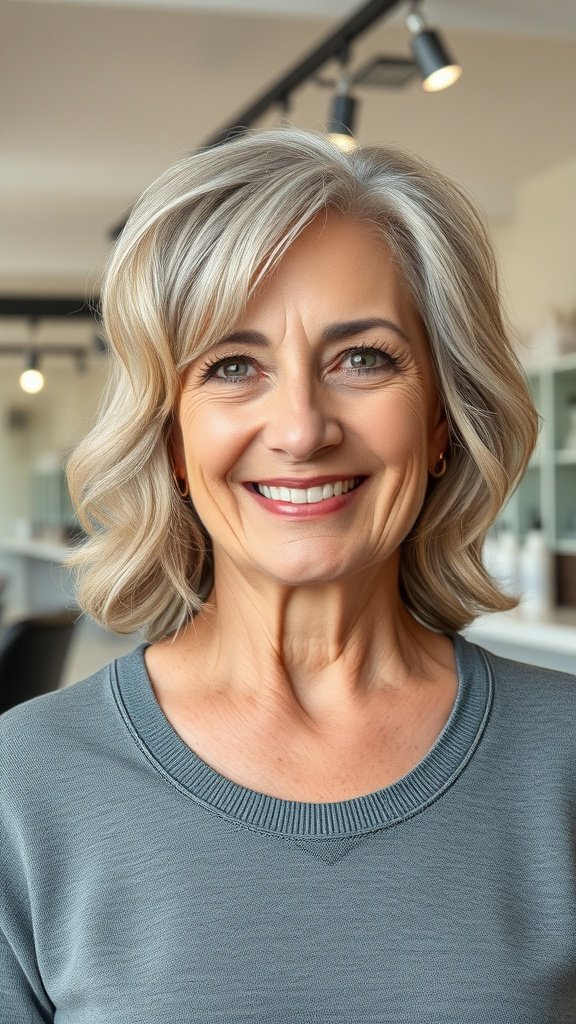 A smiling older woman with wavy shoulder-length hair and side bangs, wearing a gray sweater.