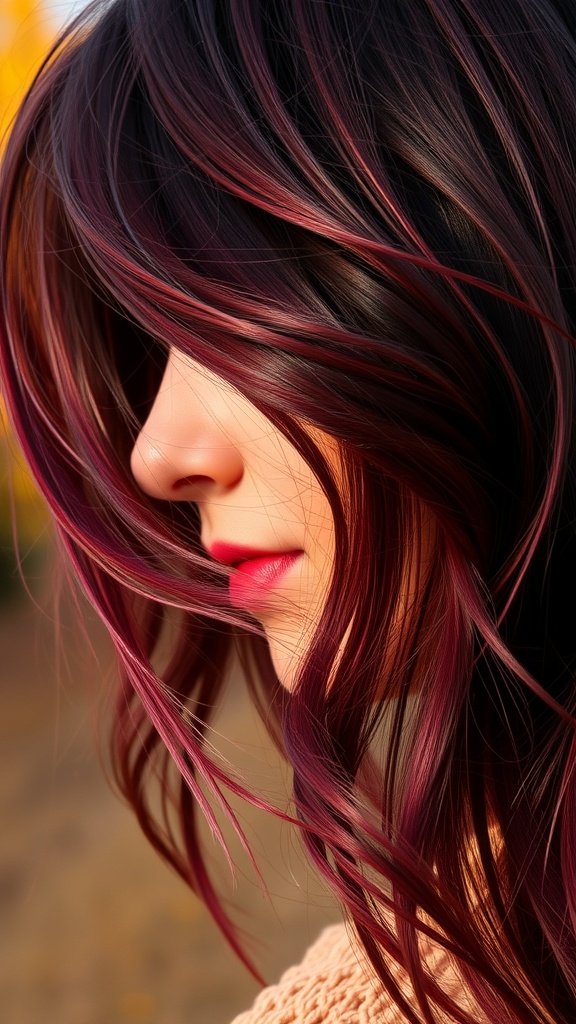 A close-up of a woman with burgundy feathered ends hairstyle, showcasing soft layers and a rich color.
