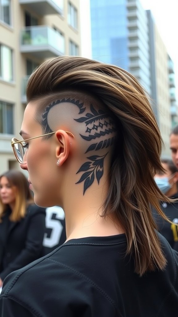 A woman with an asymmetrical undercut featuring a shaved design, showcasing long hair on top and an intricate pattern on the side.