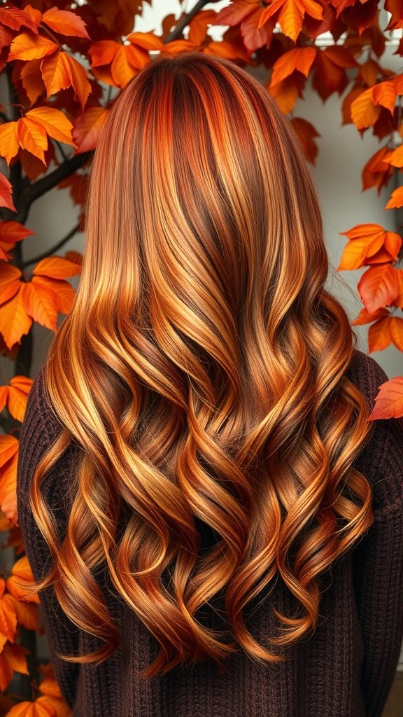 Long wavy hair with autumn orchard ombre color, featuring warm shades of orange and copper against a backdrop of autumn leaves.