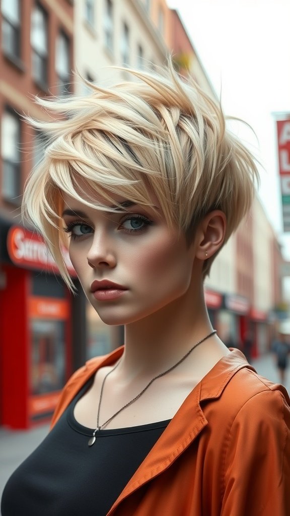 A woman with a bixie haircut featuring chunky blonde highlights, wearing an orange jacket.