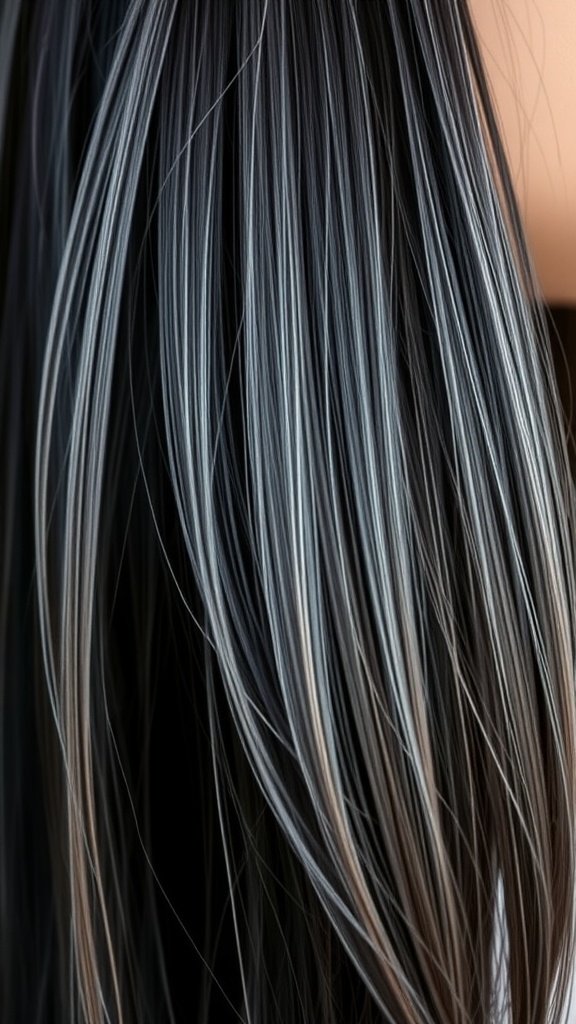 Close-up of black hair with silver highlights