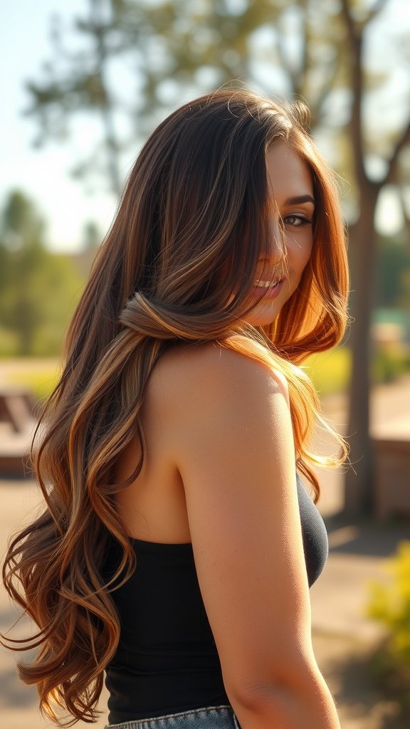A woman with long, flowing auburn hair and dark roots, styled in soft waves, smiling in a sunny outdoor setting.