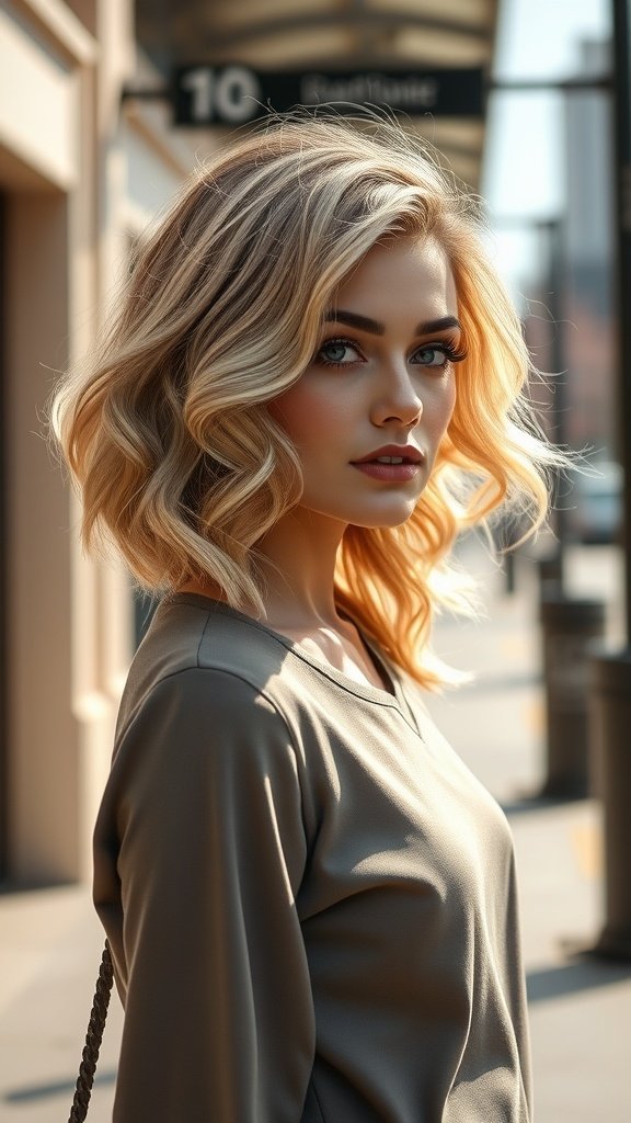 A woman with blonde retro waves and dark roots, showcasing a stylish hair trend.