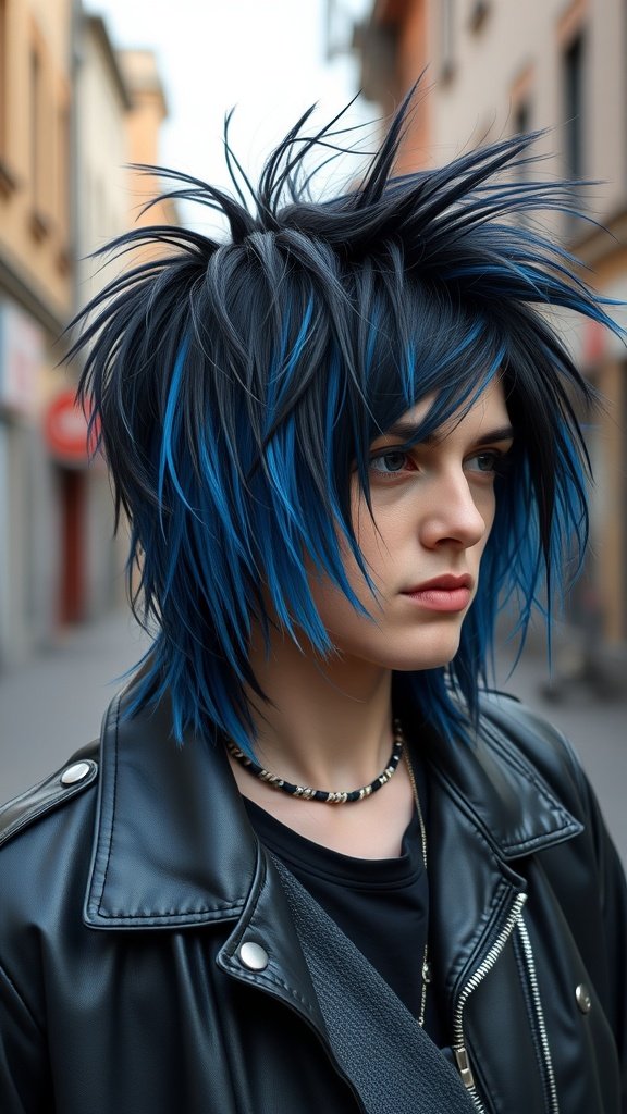 A person with a shaggy mullet hairstyle featuring jet black hair with blue highlights, wearing a leather jacket.