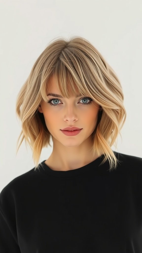 A woman with a medium bob hairstyle featuring twisted front pieces, showcasing soft waves and a stylish look.