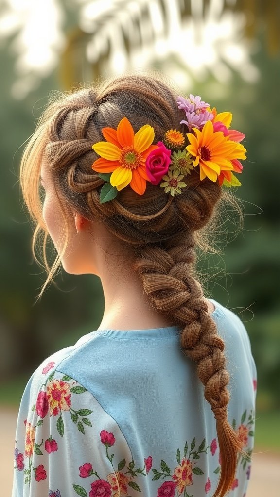 A woman with a bohemian braided updo decorated with colorful flowers.
