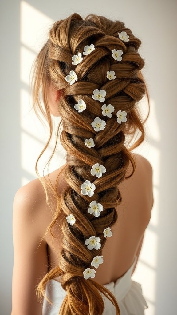 A cascading mermaid braid adorned with white flowers, showcasing a beautiful hairstyle perfect for prom.