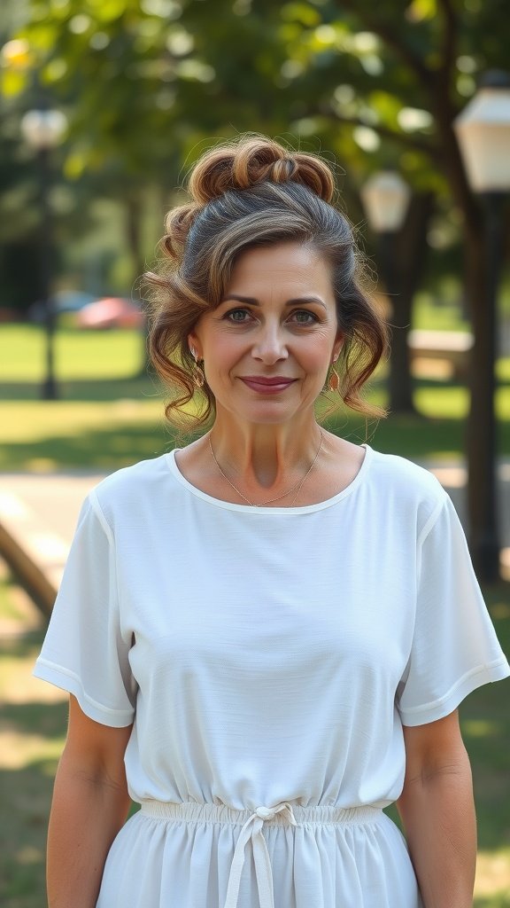 A woman with a casual curly ponytail, wearing a white dress, smiling in a park.
