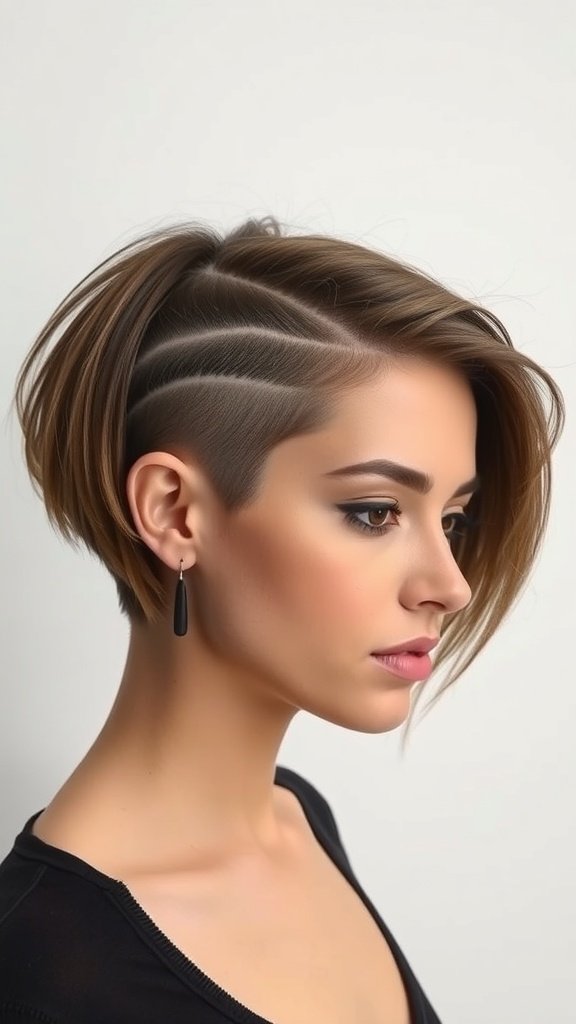 A woman with a chin-length bob hairstyle featuring an undercut and a long side, showcasing a modern and edgy look.