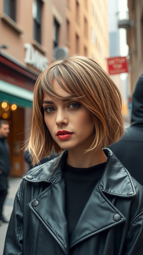 A stylish woman with a choppy bob haircut featuring jagged ends and asymmetrical bangs, wearing a black leather jacket.