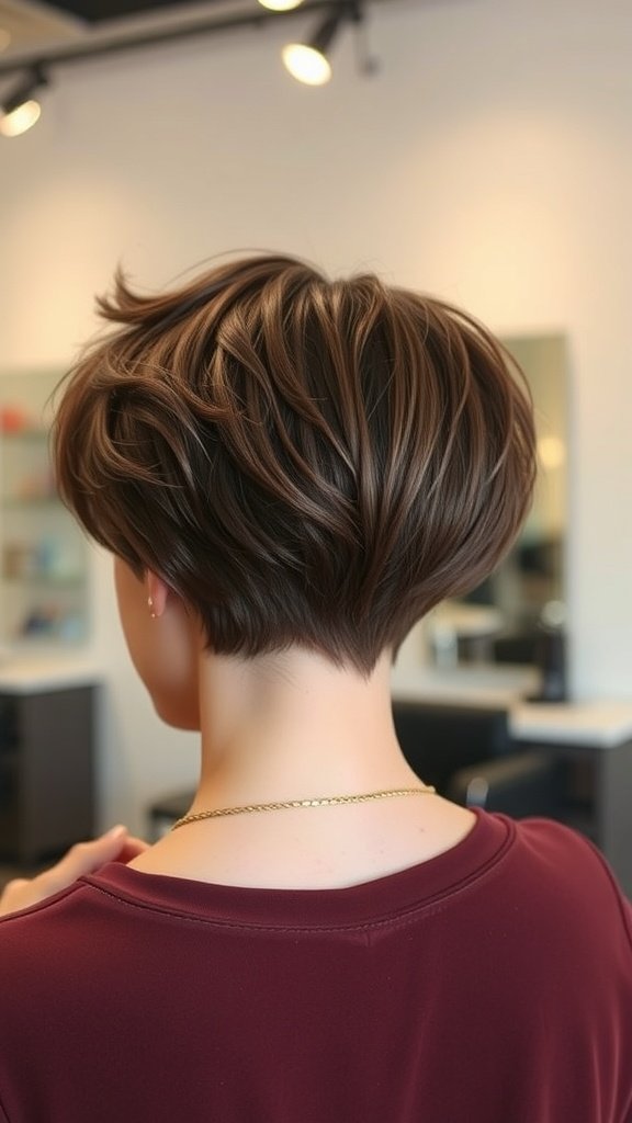 Choppy chocolate brown pixie hairstyle with textured layers