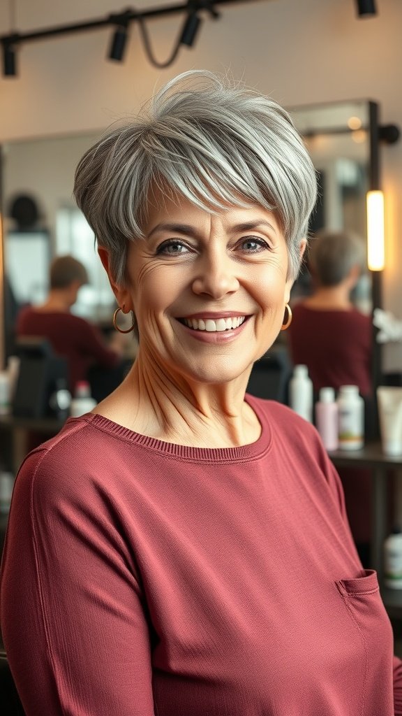 A smiling older woman with a choppy pixie haircut and long textured bangs, wearing a maroon top, in a salon setting.