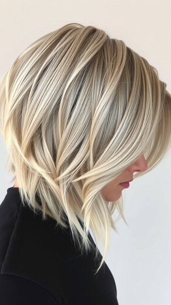 A stylish bob haircut featuring a mix of chunky ash blonde and platinum highlights, styled in soft waves.