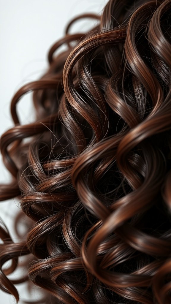 Close-up of brunette curls with chunky chocolate highlights