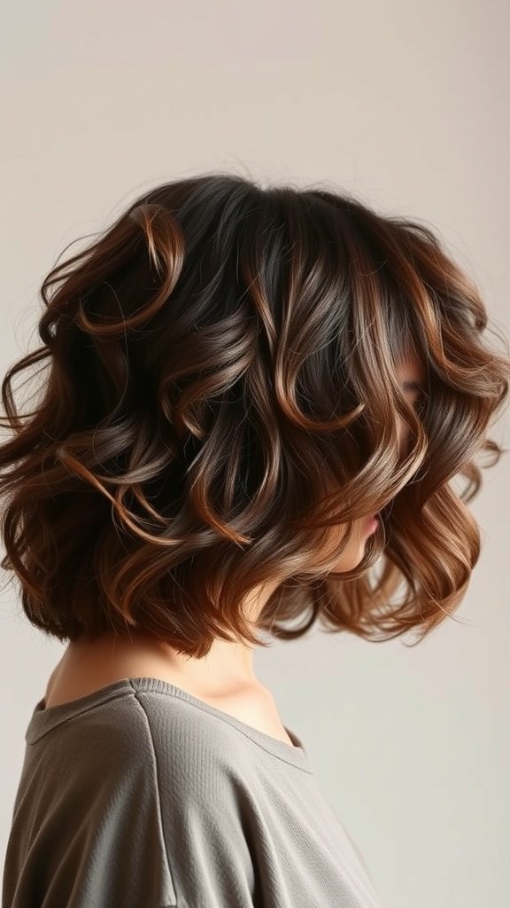 A woman with shoulder-length curly hair styled in a classic square cut.