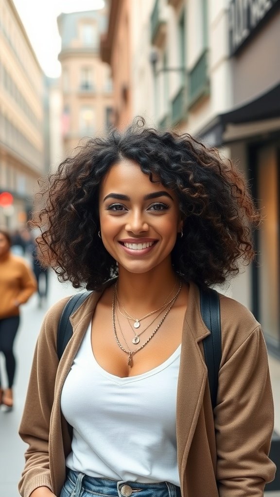 A woman with loose curls smiling in a city street, showcasing a contemporary loose curl perm hairstyle.
