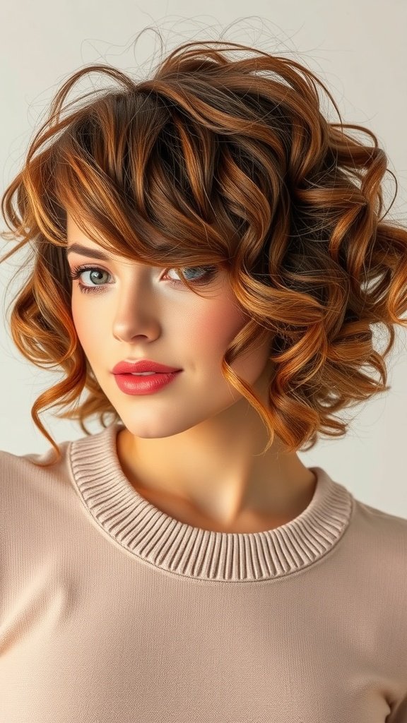 A woman with a curly bob hairstyle featuring subtle layers and highlights, showcasing a vibrant and lively look.