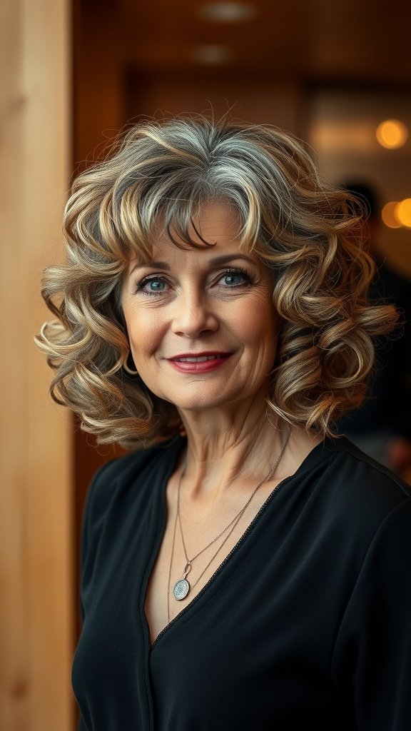 A woman with a curly bob hairstyle featuring textured ends, smiling and looking stylish.