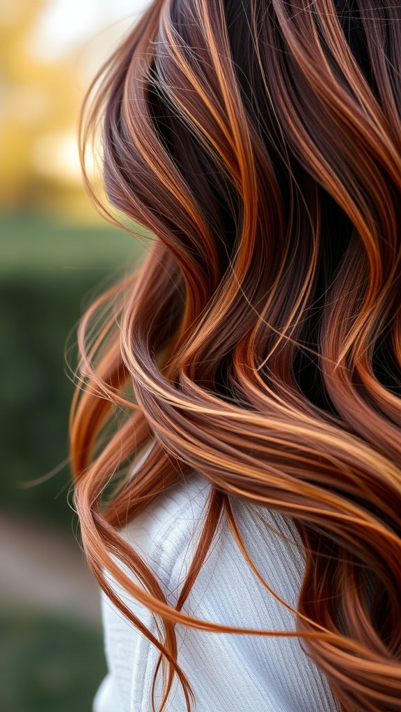 A close-up of dark ginger red hair with golden highlights, showcasing beautiful waves.